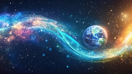 Obraz premium Earth Surrounded by Vibrant Cosmic Waves of Light - Abstract Galaxy and Space Concept Art