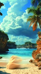Idyllic Tropical Beach with Palm Trees and Rocky Cliffs, Turquoise Sea Under Dramatic Cloudy Sky, Perfect Destination for Summer Vacation and Tranquility