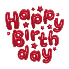 Foil words happy birthday, red metallic letters with stars, celebration vibe