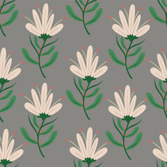 Colorful garden flowers on green background. Seamless vector pattern. Vintage print with inflorescences. Retro textile collection.