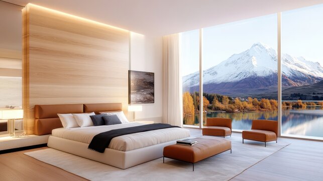 Luxurious villa bedroom with mountain view by tranquil lake and soft natural light
