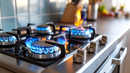 Naklejka premium Modern Gas Stovetop with Blue Flames Burning in Kitchen