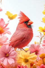 Red cardinal perched among pink and yellow flowers.