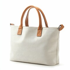 White handbag with brown leather handles.