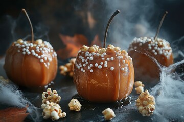 Spooky Caramel Apples with Popcorn Decoration