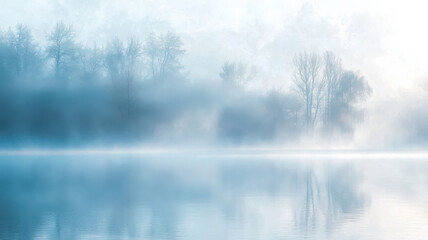 Fototapeta premium A thin layer of foggy smoke interlaced with delicate frost crystals, drifting over a frozen lake, with soft white and light blue hues creating an ethereal winter look.