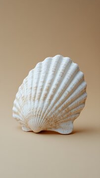 A detailed view of a white scallop shell on a soft neutral background