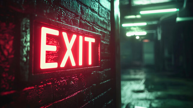A red glowing "EXIT" sign, indicating the exit. The sign with its illuminated message clearly shows where the exit is located.