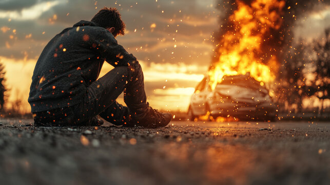 Man sits on the road watching a car burn in the distance.