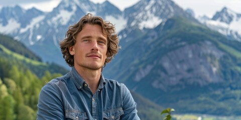 Naklejka premium A person standing at the foot of a mountain range, with a scenic view behind