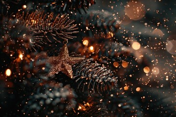 A close-up view of a decorated Christmas tree with lights shining bright