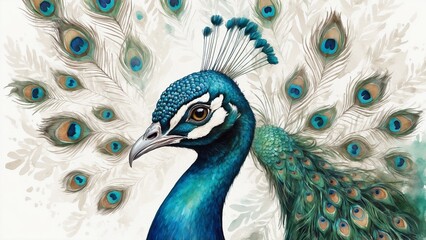 Fototapeta premium Majestic peacock with vibrant plumage in watercolor style on light background