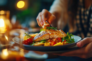 Delicious freshly cooked salmon served on a plate with colorful vegetables at an evening dinner gathering. Generative AI