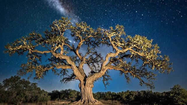 A large tree stands tall under a starry night sky