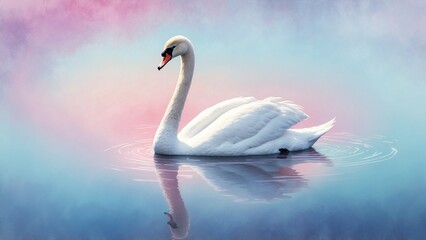 Serene swan gliding gracefully on calm water with a pastel sunset background, digital painting