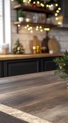 Cozy kitchen corner adorned with twinkling fairy lights and festive decorations, creating a warm holiday ambiance. Wooden countertop in focus, Christmas cheer beyond.