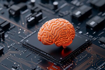 The future of brain-computer interfaces and knowledge enhancement is symbolized by a glowing brain surrounded by floating data streams