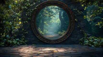 A mystical mirror frames a serene forest path, inviting exploration and wonder.