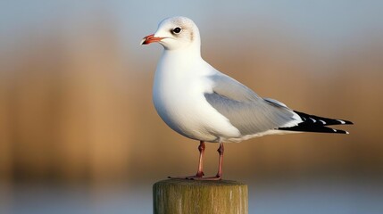 Obraz premium A small white bird perched on top of a wooden post, perhaps waiting for its next move