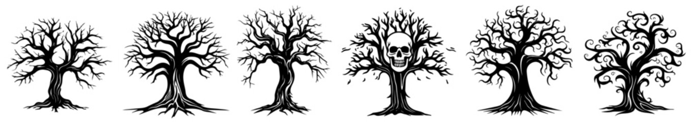 bare tree silhouettes with skull details, dark black vector art