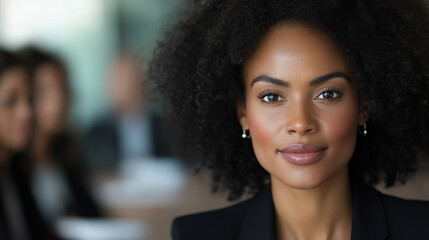 Fototapeta premium A close-up of a female manager addressing her team in a conference room, her expression confident and clear. The team members are listening intently, some with notebooks open, in a