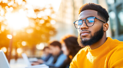 Fototapeta premium Young black man wearing glasses looks thoughtfully ahead while sitting outside.