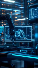 A futuristic laboratory with advanced robotic arms and holographic displays, showcasing the power of AI technology in industrial design and product development