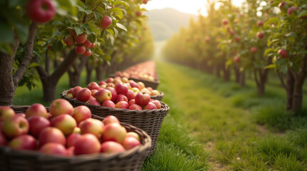 Farmers gathering ripe apples in an orchard for cider production