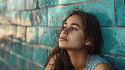 Fototapeta premium A woman leans against a blue brick wall with a calm expression
