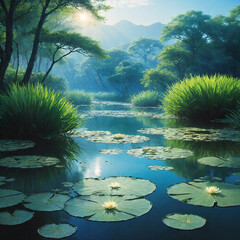 Impressionistic Digital Artwork of a Tranquil Pond Resembling Monet's Water Lilies Series, with Lush Greenery and Soft Blue Sky, Evoking a Dreamlike Atmosphere of Contemplation and Wonder