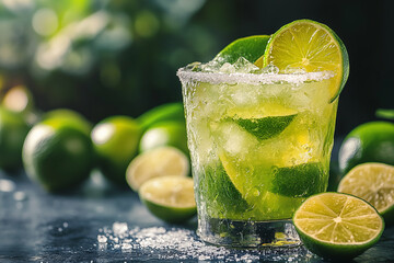 a caipirinha cocktail with lime and sugar on the rim.