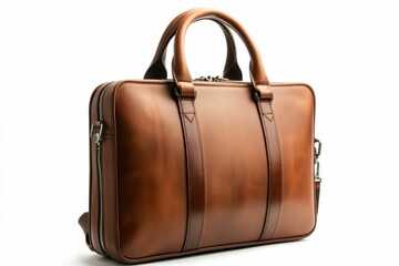 Brown leather briefcase isolated on white background.