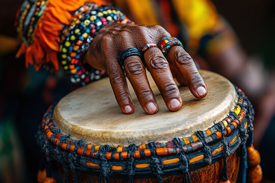 a hand playing a tamborim during a samba performance.