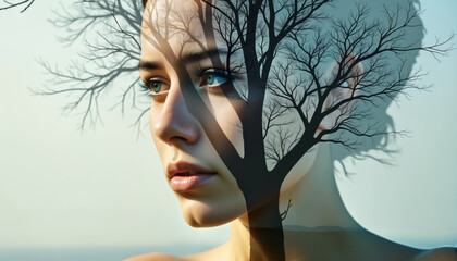 a close-up portrait of a woman with a tree-like reflection in her face, double exposure effect