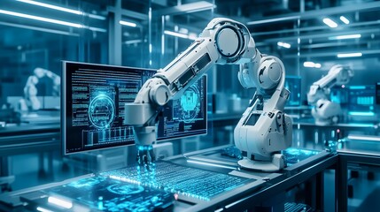 A futuristic laboratory with advanced robotic arms and holographic displays, showcasing the power of AI technology in industrial design and product development