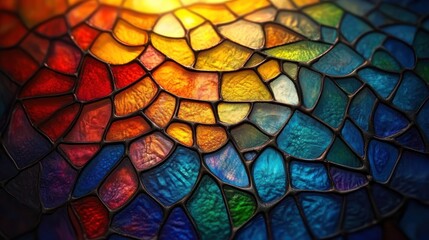 Colorful stained glass window with a sunburst effect.