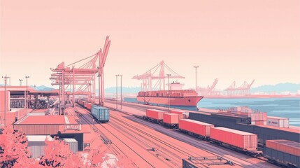 Rail and Port Connection with a view of modern cargo ships docked at a large port, cranes unloading containers, and trains in the foreground.