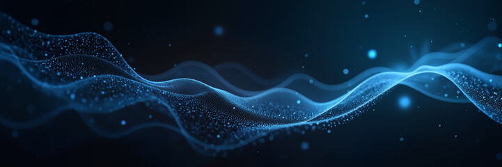 a dynamic abstract background featuring flowing blue wavy lines and particles