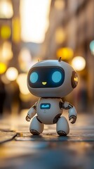 Adorable white robot toy with glowing blue eyes stands on city street, bokeh lights create warm atmosphere as dusk settles in urban setting.
