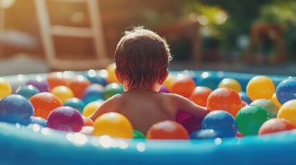 child playing in colorful plastic balls in a dry pool against a children play area