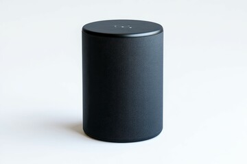 Black cylindrical smart speaker on white background.