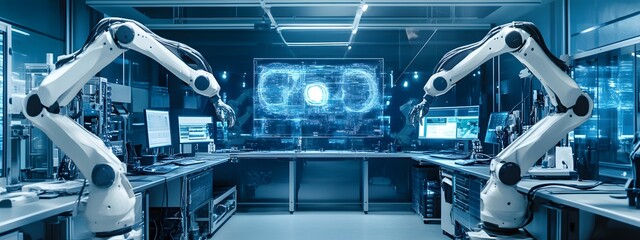 Fototapeta premium A futuristic laboratory with advanced robotic arms and holographic displays, showcasing the power of AI technology in industrial design and product development