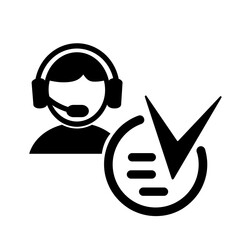 Vector illustration, logo, web icon of a man in headphones, a support service operator. Isolated on a white background.	
