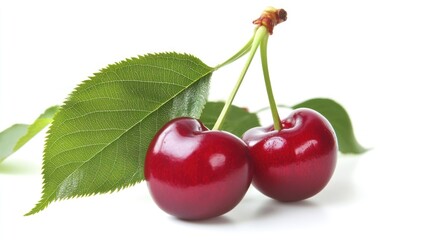 Two Cherries with Green Leaf