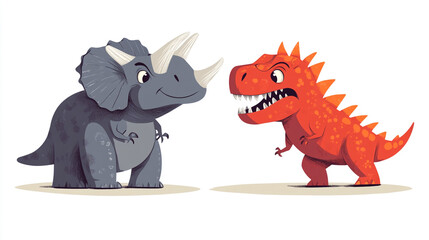 Fototapeta premium Cartoon Dinosaurs Confrontation Triceratops vs T Rex