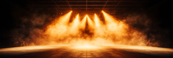 Stage lights illuminate a smoky stage with a warm, inviting glow.