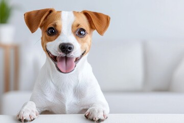 Concept of emotional support animal with elderly woman and her jack russell terrier dog sitting on grey textile sofa. Close up, copy space, background.