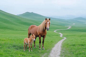 Obraz premium A horse mare with a foal (colt) on a steppe pasture among wild horses in spring. A mare supports a foal baby on a natural spring background. He is caring for his foal in a stall.