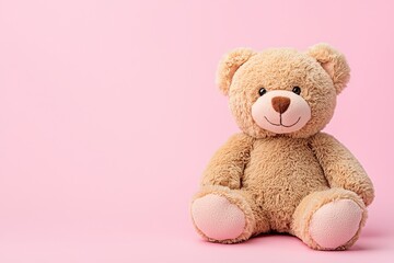 Obraz premium A brown teddy bear mother holds her baby on a light pink background. A lovely, emotional moment. Closeup. Front view.