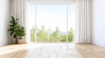 Fototapeta premium Bright airy living room with large windows, light rug, and soft curtains overlooking a serene green landscape in daylight
